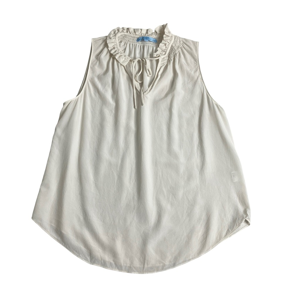 Antonio Melani Silk Sleeveless Top Womens M Ivory Ruffle Neck Smocked Tie Front